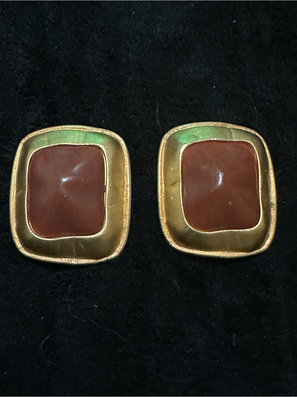 Gold-Tone Brown Stone Square Statement Clip on Earrings